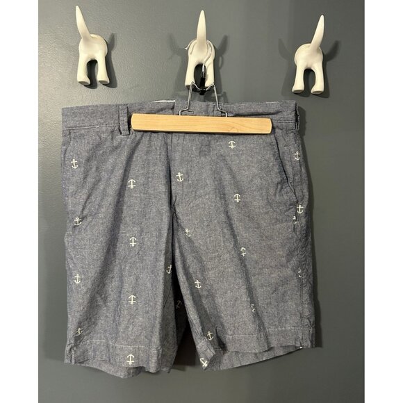 J Crew Gramercy Nautical Sailor Anchor Chambray Blue Cotton Shorts Size 32W - Picture 1 of 5
